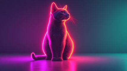 Futuristic neon cat glowing in a digital cyberpunk city.