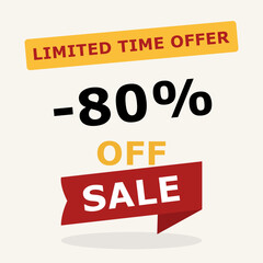 80 percent off sale banner. Limited time offer message with bold discount in red and black. Vector illustration for promotion, e-commerce and marketing.