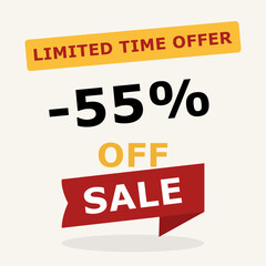 55 percent off sale banner. Limited time offer message with bold discount in red and black. Vector illustration for promotion, e-commerce and marketing.