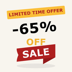 65 percent off sale banner. Limited time offer message with bold discount in red and black. Vector illustration for promotion, e-commerce and marketing.