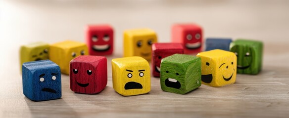 Obraz premium The colorful wooden block toys showcasing various facial expressions for playful learning.