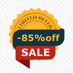 85 percent off badge with sale ribbon. Limited offer label in flat style with yellow stamp and red banner. Vector illustration for discount promotion and e-commerce marketing, transparent background