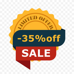 35 percent off badge with sale ribbon. Limited offer label in flat style with yellow stamp and red banner. Vector illustration for discount promotion and e-commerce marketing, transparent background