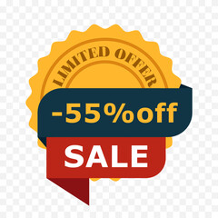 55 percent off badge with sale ribbon. Limited offer label in flat style with yellow stamp and red banner. Vector illustration for discount promotion and e-commerce marketing, transparent background