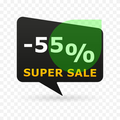 55 percent off super sale banner in speech bubble shape. Modern discount label with green circle and transparent background. Vector illustration for e-commerce, ads and seasonal promotion.
