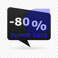 80 percent off super sale banner in speech bubble shape. Modern discount label with blue circle and transparent background. Vector illustration for e-commerce, ads and seasonal promotion.