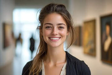 Fototapeta premium young woman with natural makeup and loose hair smiling warmly in a softly lit indoor gallery setting with blurred paintings in the background