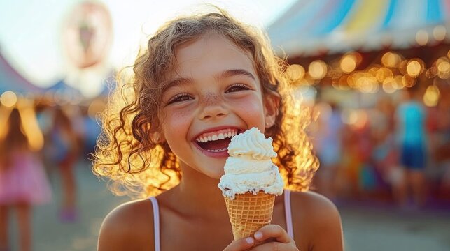 Happy young girl with curly hair smiling joyfully while holding and eating vanilla ice cream cone at an outdoor fair or carnival during sunny day