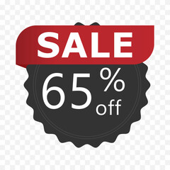 65 percent off sale badge. Black sticker with red ribbon and bold discount text on transparent background. Vector illustration for promotion, e-commerce, and advertising.