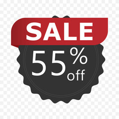 55 percent off sale badge. Black sticker with red ribbon and bold discount text on transparent background. Vector illustration for promotion, e-commerce, and advertising.
