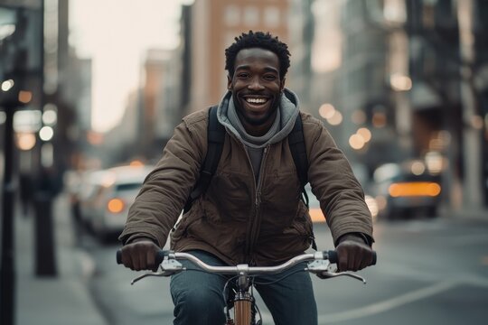Smiling man enjoys cycling through vibrant city streets during early evening hours