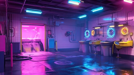 90s car wash, pink blue neon, nostalgic mood, cinematic.