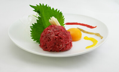 Korean Yukhoe with Egg Yolk and Perilla Leaf