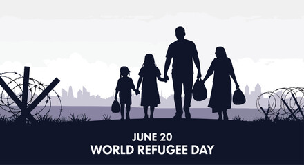 Adobe Illustrator flat vector for World Refugee Day (June 20): a family silhouetted, carries their belongings, symbolizing displacement and migration. Barbed wire fences emphasize their plight