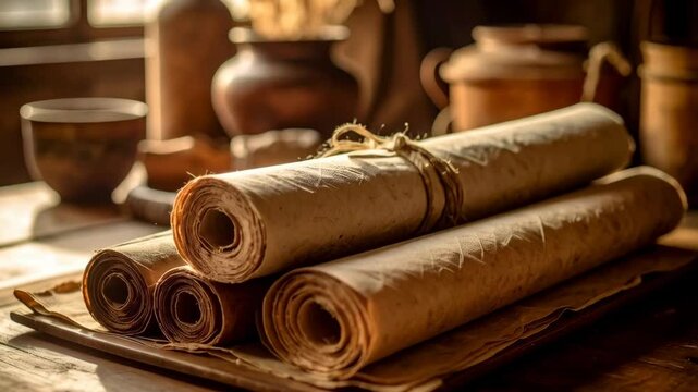 Collection of tan parchment paper rolls tied with string on a wooden surface with antique pottery in the background