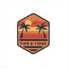 A badge with palm trees waves sun and birds with tide and tides text