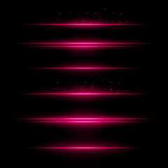 Fototapeta premium Pink energy lines. Glowing horizontal streaks with particle sparks above and below lines. Dark background adds contrast. Suitable for sci-fi, fire, energy, tech visuals.