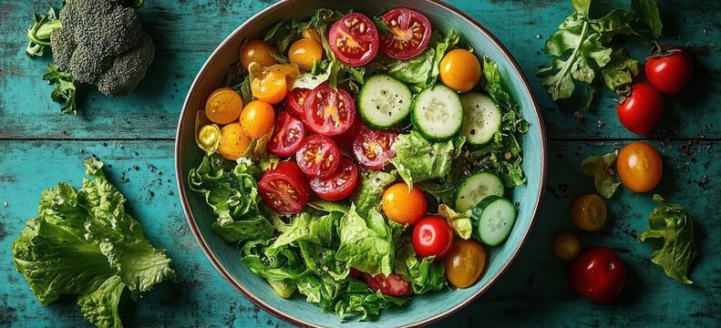 Fresh garden salad with sliced red and yellow cherry tomatoes, cucumber slices, and leafy lettuce in a rustic bowl on a textured blue wooden surface
