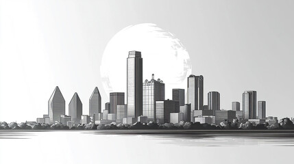 Fototapeta premium Monochrome Dallas skyline illustration with serene atmosphere and artistic flair