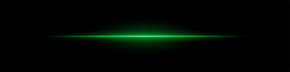 Green light line. Single sharp glowing beam with soft radial fade on dark background. Ideal for tech, sci-fi, speed, futuristic visual effects.