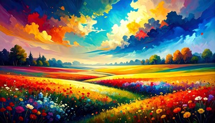 Fototapeta premium abstract summer illustration with a field of flowers and the sky, dramatic landscape