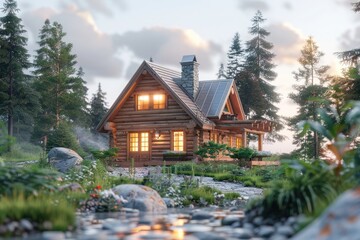 Rustic cabin nestled in a tranquil forest.