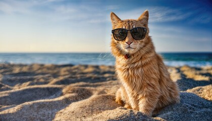 Cute Orange Cat in Sunglasses Relaxing on a Sandy Beach Stylish Feline Blends with SunSoaked Coastal Vibes, Evoking a FeelGood Mood at the Seaside.