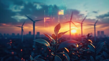 Close-up of green plant leaves with wind turbines and a city skyline at sunset in the background, digital data visualization overlay suggests sustainable technology