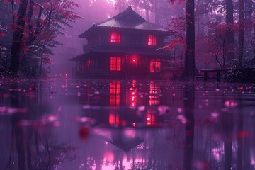 Naklejka premium Mysterious, water-reflected, pink-lit Japanese-style house in fog.
