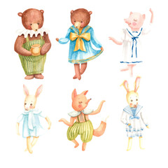 Hand drawn watercolor set with animals in vintage clothes