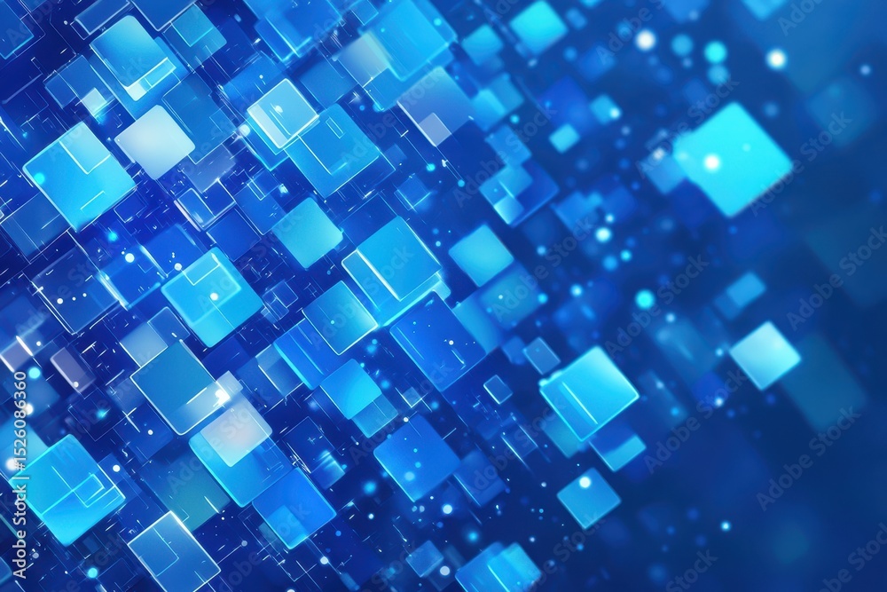 Poster floating blue geometric squares create a dynamic abstract composition layered in depth with varying 