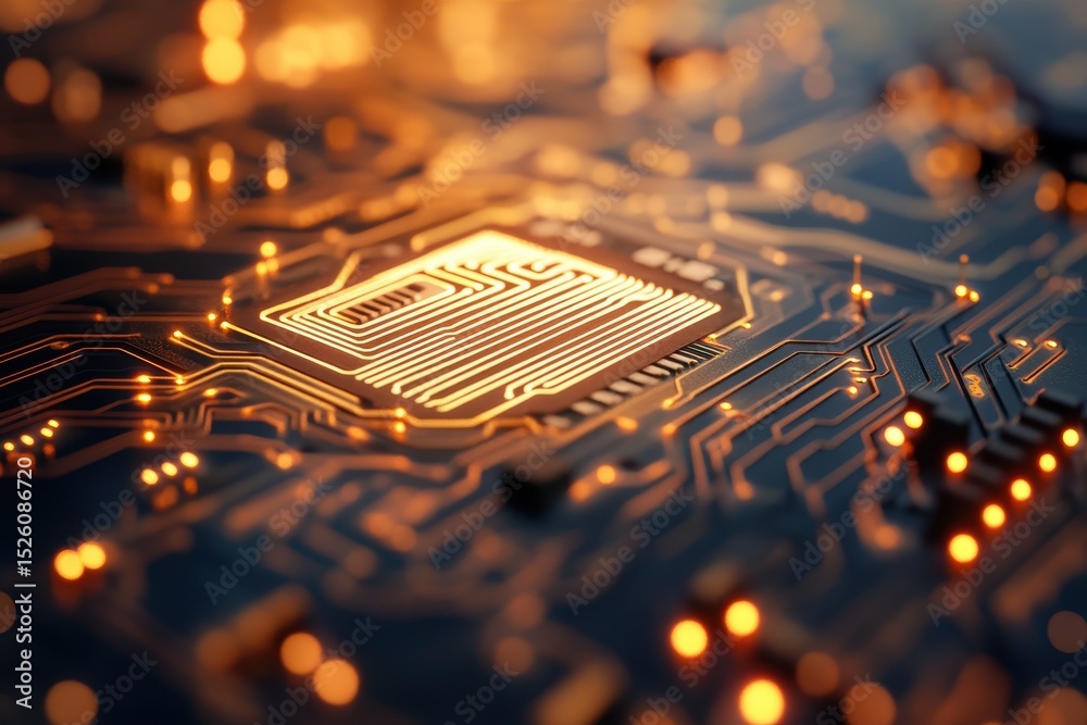 Poster futuristic rendering of an intricate circuit board with glowing lines and patterns, showcasing advan