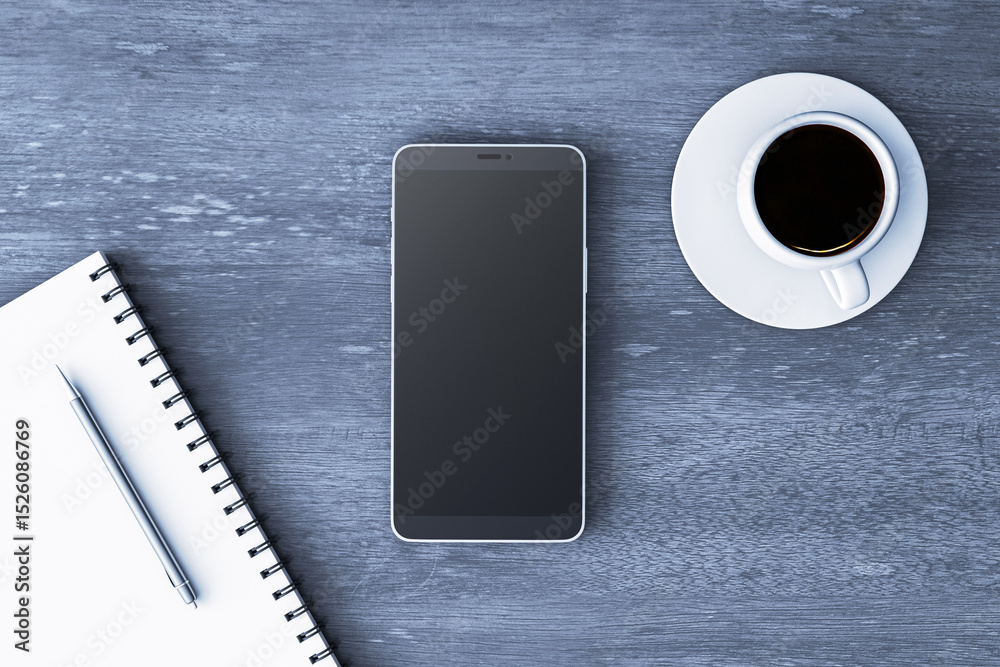 Aufkleber smartphone mockup with blank screen on wooden background next to coffee cup and notepad with pen for