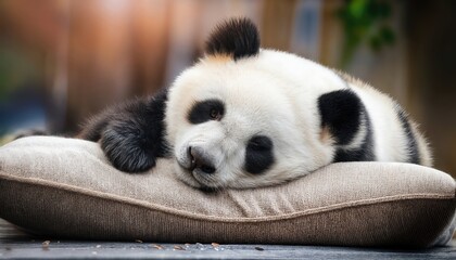 Naklejka premium Cute Panda Bear Sleeping Peacefully on a Pillow Adorable Giant Panda Napping Amidst Lush Greenery in Tranquil Sanctuary, Displaying Soft Fur Textures and Serene Ambiance
