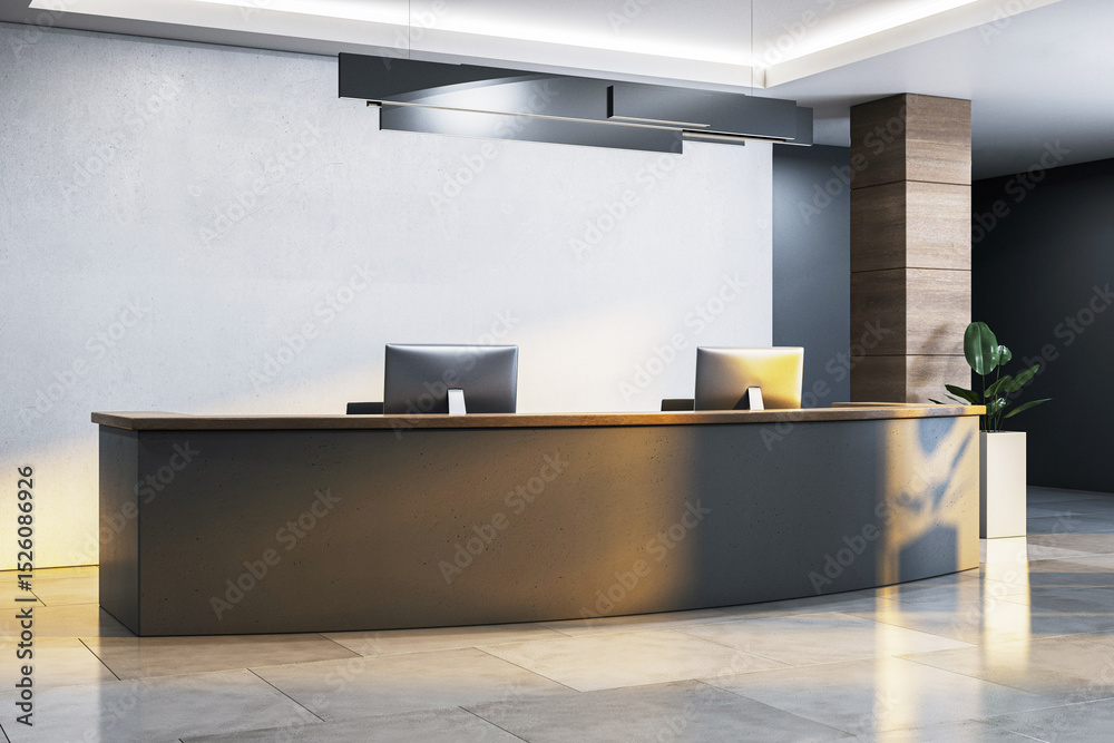 Aufkleber modern reception desk with dual monitors in minimalist office interior with sleek lighting and concr