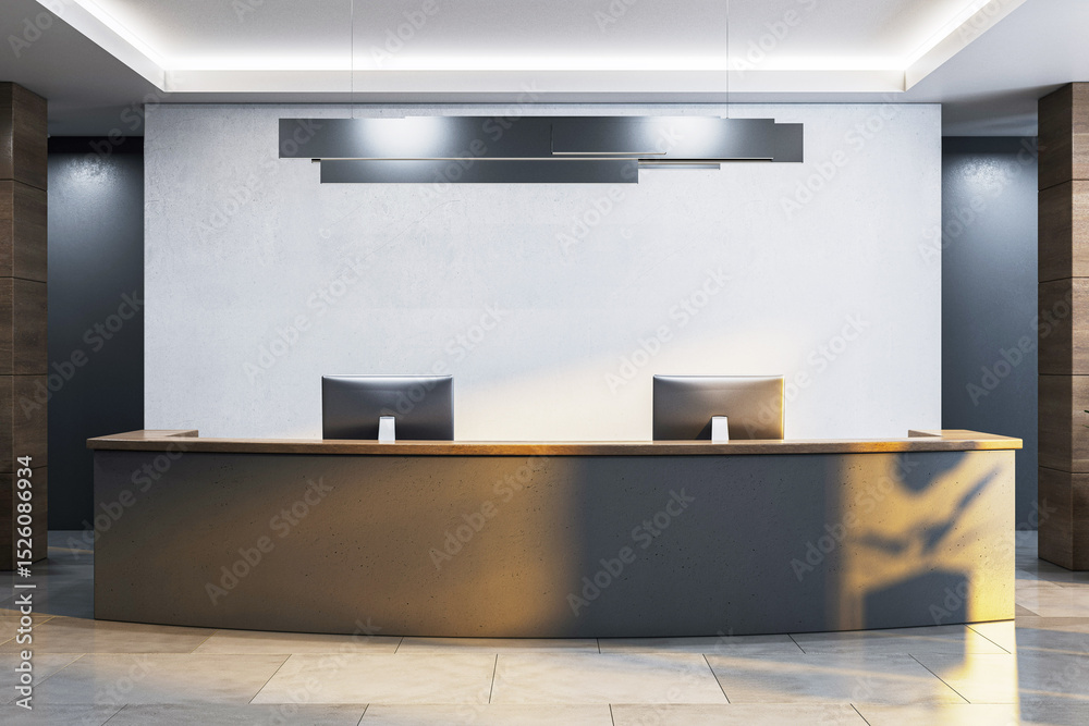 Poster modern reception counter in stylish office interior with minimalist lighting, wood accents, and clea