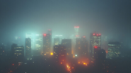 foggy night envelops city skyline, with glowing lights piercing through mist, creating