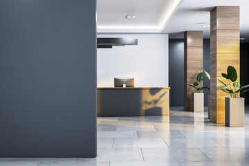Modern corporate reception interior with clean desk and blank wall space for logo or signage in a bright hallway with natural light and plants. 3D Rendering
