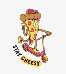 pizza riding a kick scooter retro cartoon illustration