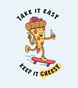 Naklejki pizza skateboard retro cartoon illustration