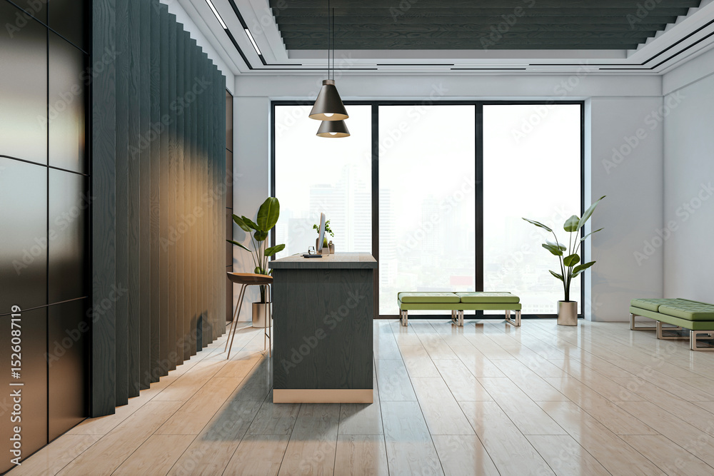 Poster modern reception desk in bright office lobby with green seating and large glass windows overlooking 