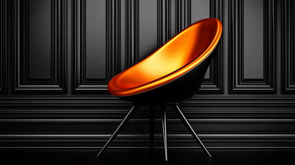 A modern orange designer chair in a minimalist style against a classic black wall.