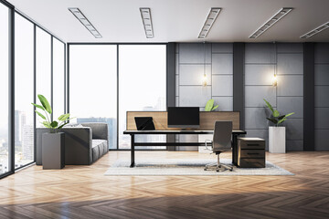Modern executive office interior with panoramic windows, luxury furniture, and clean design elements in spacious corporate workplace setting. 3D Rendering