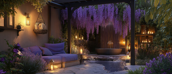 AI generator image of a living room decorated with purple violet wisteria trees , flower trees Gold shower, Golden shower ,Indian laburnum, Pudding-pipe tree and waterfall, spa room