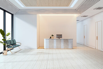 Modern luxury office reception area with front desk, seating, and glass wall in bright corporate workspace interior for branding or mockup use. 3D Rendering
