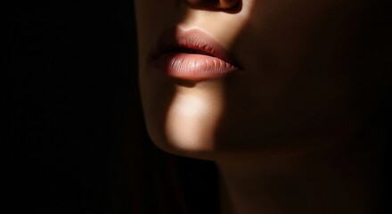Dramatic light on woman's lips and chin against dark background