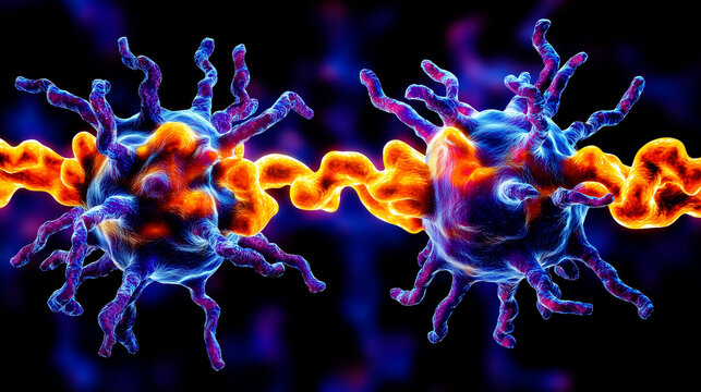 Two alien cells or life forms sharing a glowing energy connection in a microscopic view.
