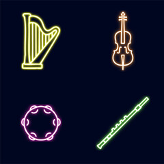 Neon harp cello tambourine flute icon set