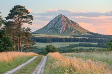 Naklejka premium A picturesque, rural landscape featuring a prominent hilltop.