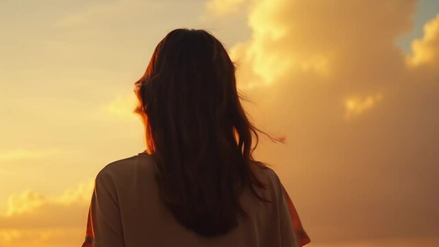 A young woman gazing at a beautiful sunset with a serene expression against a cloudy sky